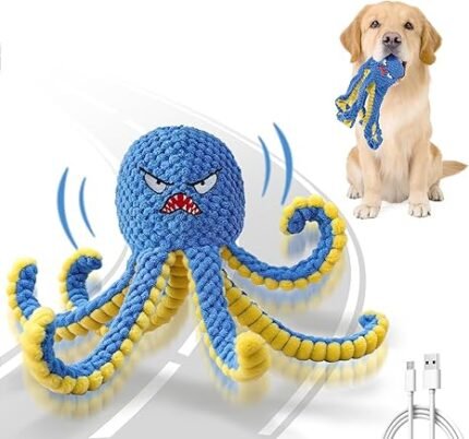 Qraxond – Juguete interactivo para perros con forma de pulpo, salto automático, recargable (azul)
