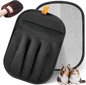 Guante reutilizable y lavable para retirar pelo de mascotas con tecnología electrostática; diseño cinco dedos de tamaño grande (≈9.25"×6.69"), malla transpirable y agarre mejorado. Útil en ropa, camas, sofás, alfombras y asientos de auto.